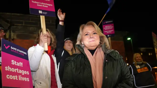 Royal College of Nursing (RCN) General Secretary Pat Cullen (right) joins members of the RCN on the picket line outside the Royal Victoria Infirmary, Newcastle