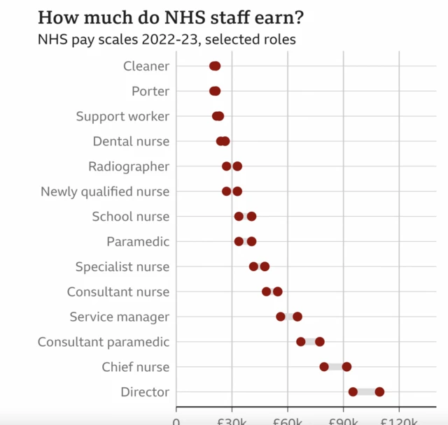 Graph comparing the pay scales of different NHS workers - with cleaners at the bottom of the range (less than £30,000 per year) and directors at the top (around £100,000 per year). Paramedics are seen roughly in the middle