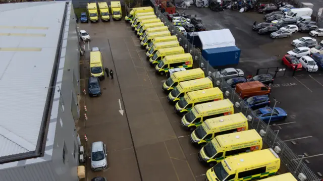 Aerial shot of a number of ambulances parked in a row