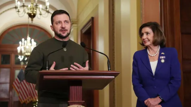 Ukrainian President Volodymyr Zelensky and US Speaker of the House Nancy Pelosi meet outside the Speaker's office before his address to a joint meeting of the United States Congres