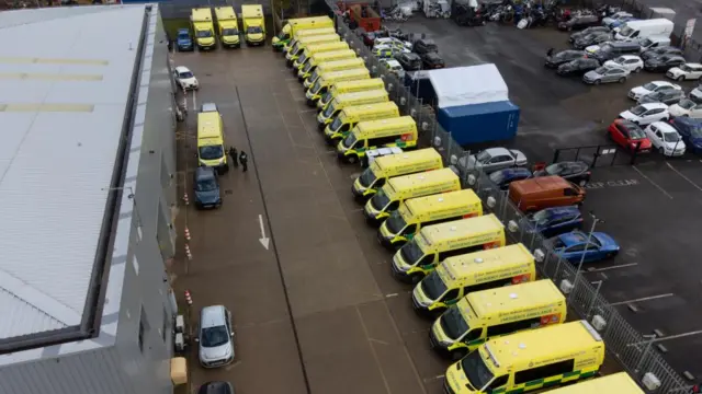 Ambulances parked outside the West Midlands Ambulance Service headquarters in Coventry, as paramedics, ambulance technicians and call handlers walk out in England and Wales, in a strike co-ordinated by the GMB, Unison and Unite unions over pay and conditions that will affect non-life threatening calls.