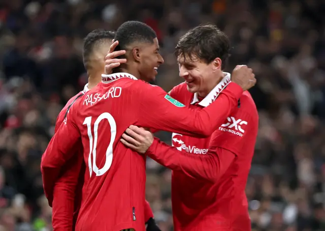 Marcus Rashford celebrates with Victor Lindelof