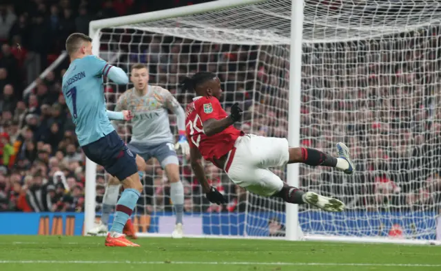 Aaron Wan-Bissaka volleys across goal for Christian Eriksen to score Manchester United's first goal against Burnley