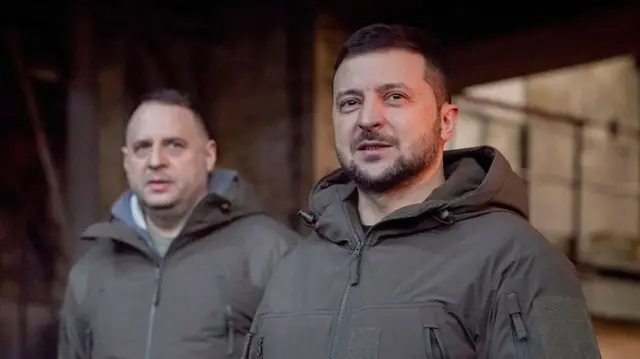 Ukraine's President Volodymyr Zelensky (R) attending a meeting with Ukrainian servicemen during his visit to Bakhmut, Donetsk region, eastern Ukraine, 20 December 2022