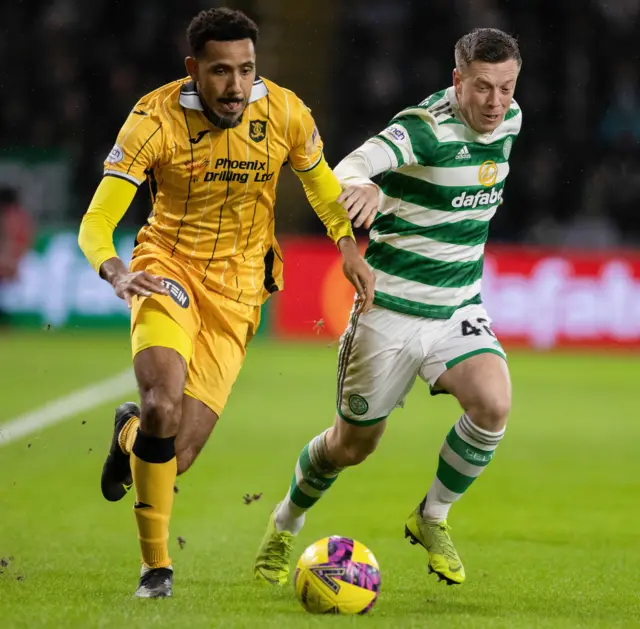 Celtic's Callum McGregor and Livingston's Cristian Montano during a cinch Premiership match between Celtic and Livingston at Celtic Park