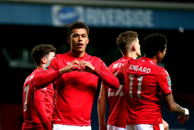 Brennan Johnson celebrates scoring a penalty for Nottingham Forest at Blackburn