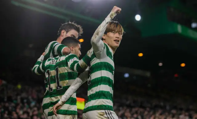 Celtic's Kyogo Furuhashi celebrates after making it 2-0 during a cinch Premiership match between Celtic and Livingston