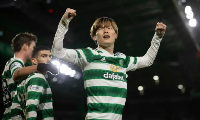 Kyogo Furuhashi celebrates his goal