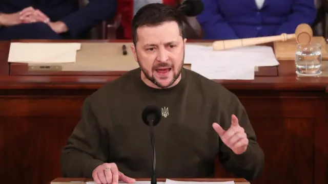 Ukrainian President Volodymyr Zelensky delivers an address to a joint meeting of the United States Congress in the House of Representatives chamber on Capitol Hill in Washington DC