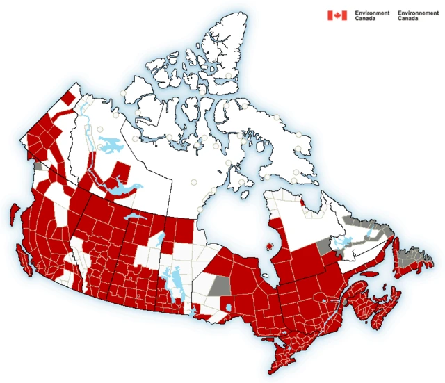 An official map shows weather warnings in place across most of Canada's most populous areas