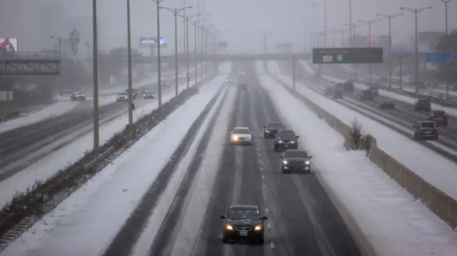 The QEW Expressway during a winter storm in Toronto Ontario