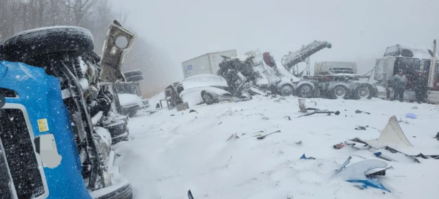 View of overturned vehicles following a pileup on a highway near Toronto