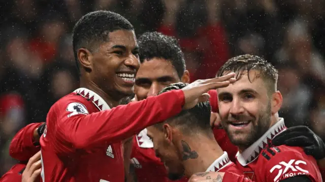 Marcus Rashford celebrates opening the scoring for Manchester United against Nottingham Forest