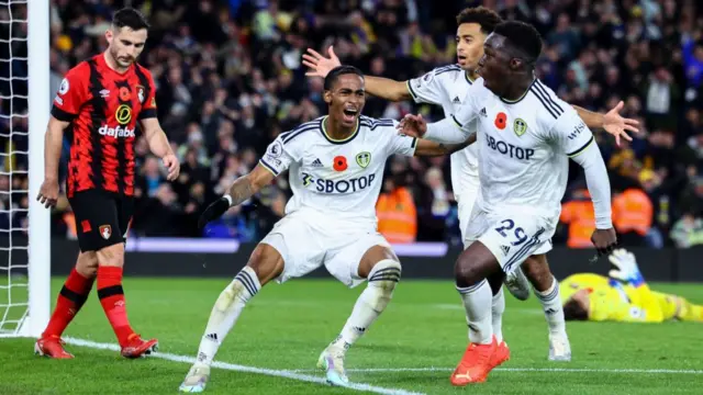 Crysencio Summerville celebrates scoring his side's fourth goal against Bournemouth