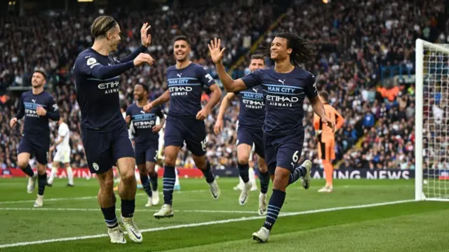 Manchester City celebrate against Leeds