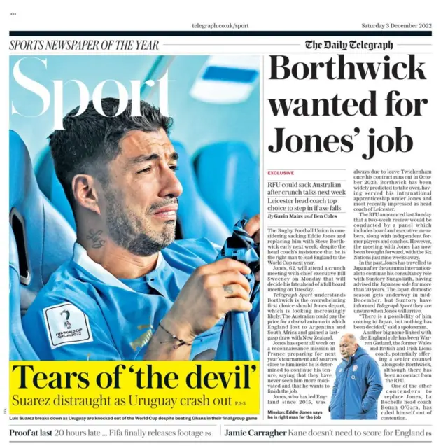 Back page of the Telegraph focusses on Luis Suarez and says tears of 'the devil'