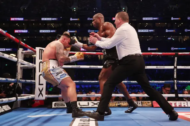 Kevin Lerena falls backwards from a punch from Daniel Dubois