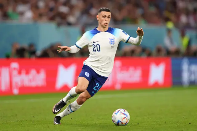 Phil Foden of England during the FIFA World Cup Qatar 2022 Group B match between Wales and England at Ahmad Bin Ali Stadium on November 29, 2022 in Doha, Qatar.