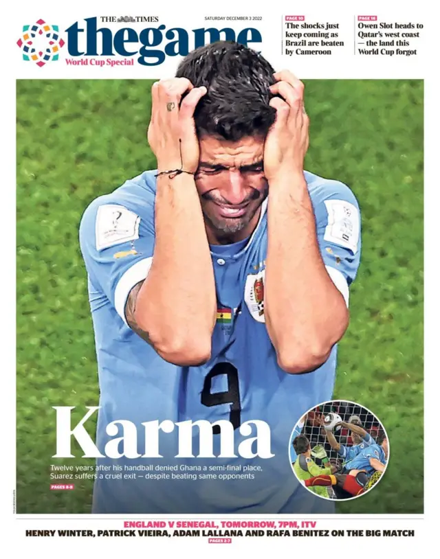 Back page of the Times says "karma" for Luis Suarez