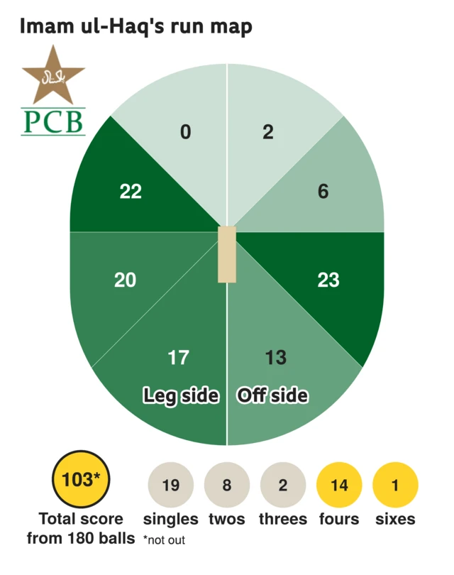 The run map shows Imam ul-Haq scored 103 with 1 six, 14 fours, 2 threes, 8 twos, and 19 singles for Pakistan