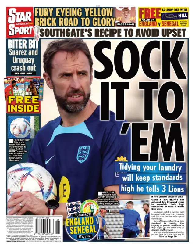 Back page of the Daily Star says Gareth Southgate encouraging England players to stick to their high standards