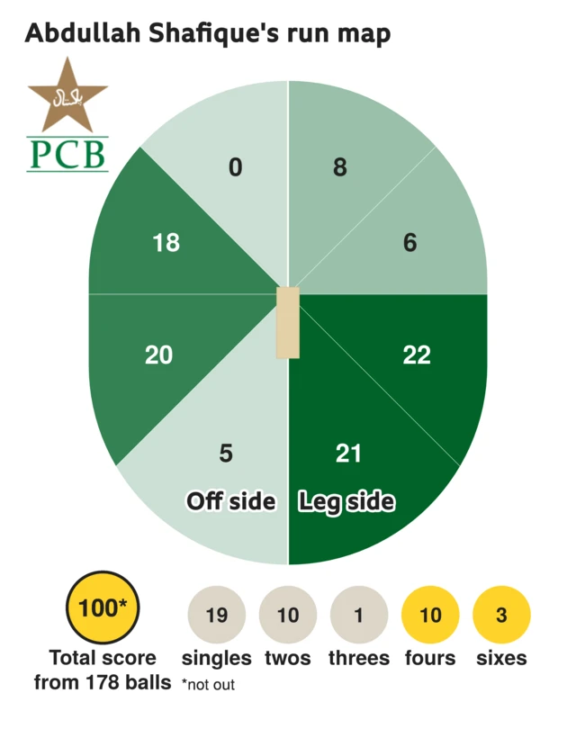 The run map shows Abdullah Shafique scored 100 with 3 sixes, 10 fours, 1 three, 10 twos, and 19 singles for Pakistan