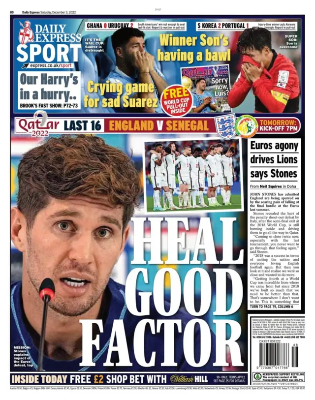 Back page of the Daily Express focuses on John Stones saying England want to use their Euro 2020 final defeat to spur them on in the World Cup.