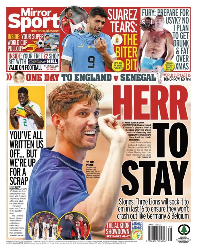 Herr to stay - the back page of the Daily Mirror on 3 December focuses on a meeting held by England boss Gareth Southgate