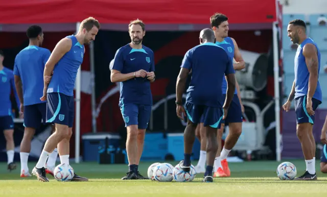 England boss Gareth Southgate talks to Harry Kane