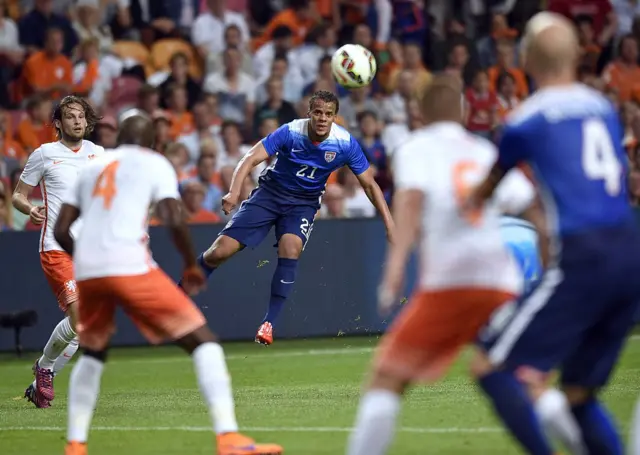 Timmy Chandelier (centre) in action for USA v Netherlands in 2015