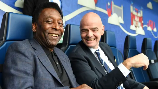 Brazilian football legend Pele talks with FIFA president Gianni Infantino prior to the FIFA Confederations Cup Group A match between Russia and New Zealand at Saint Petersburg Stadium on June 17, 2017 in Saint Petersburg, Russia.