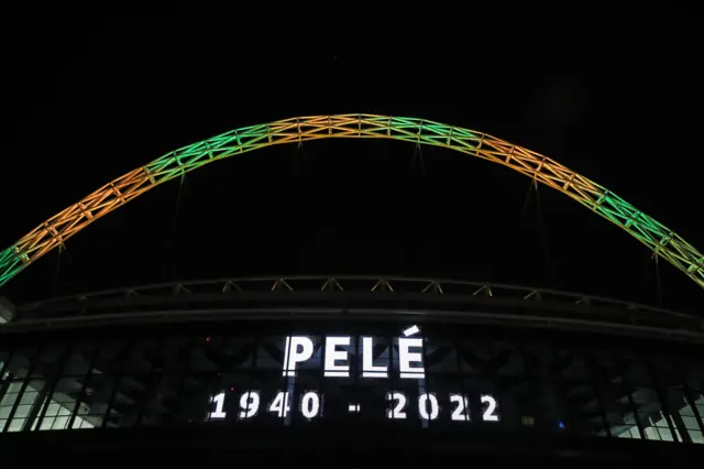 Wembley Stadium's arch was lit up in the colours of Brazil to pay tribute to Pele