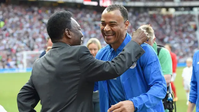 Pele meets Cafu during Soccer Aid 2016 at Old Trafford on June 5, 2016 in Manchester, United Kingdom.