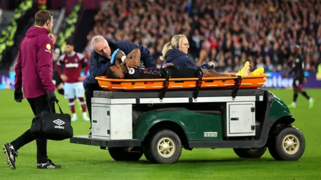 Ivan Toney on a stretcher