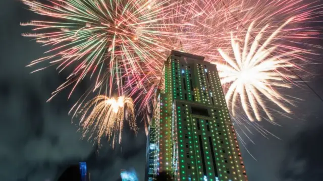 Fireworks launching from the Old Mutual Tower in Nairobi