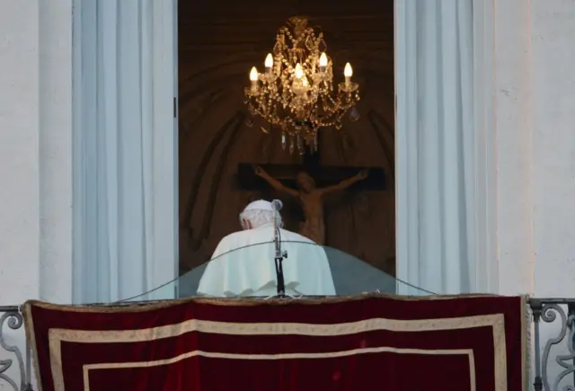 Final public farewell of Benedict XVI on February 28, 2013 before his pontificate ends from the window of the palace of Castel Gandolfo, Italy