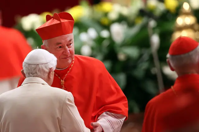 Cardinal Vincent Nichols is greeted by Benedict XVI