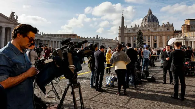 TV camera crews assemble in St Peter's Square