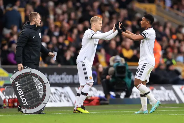 Donny van de Beek comes on for Anthony Martial