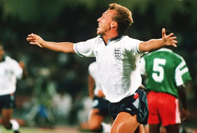 David Platt celebrates scoring against Cameroon in the 1990 World Cup quarter-final