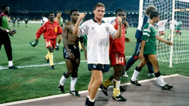 Paul Gascoigne (centre) after England beat Cameroon in 1990