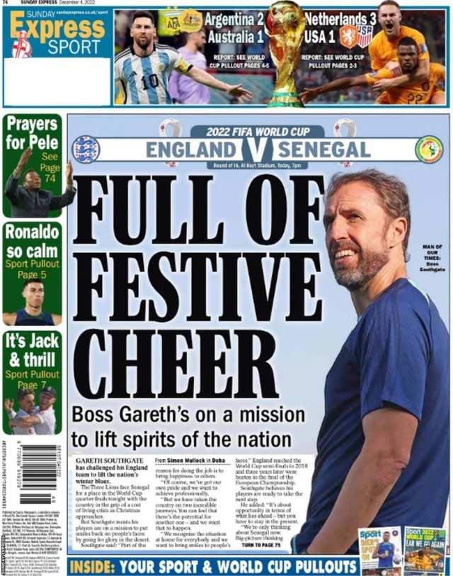 Back page of the Sunday Express focusses on England boss Gareth Southgate being full of festive cheer and wanting to lift the nations spirit