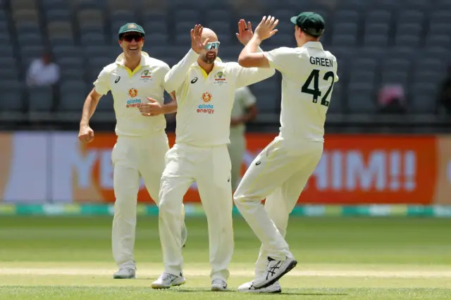 Nathan Lyon celebrates wicket