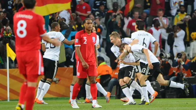 Germany celebrate Thomas Muller goal against England in 2010