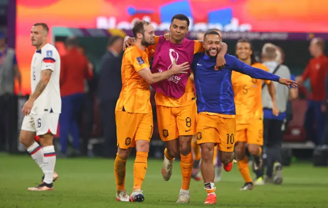 Netherlands celebrate beating USA to reach the quarter-finals of the 2022 World Cup