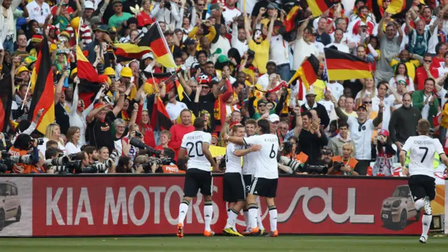 Germany celebrate Lukas Podolski goal against England in 2010