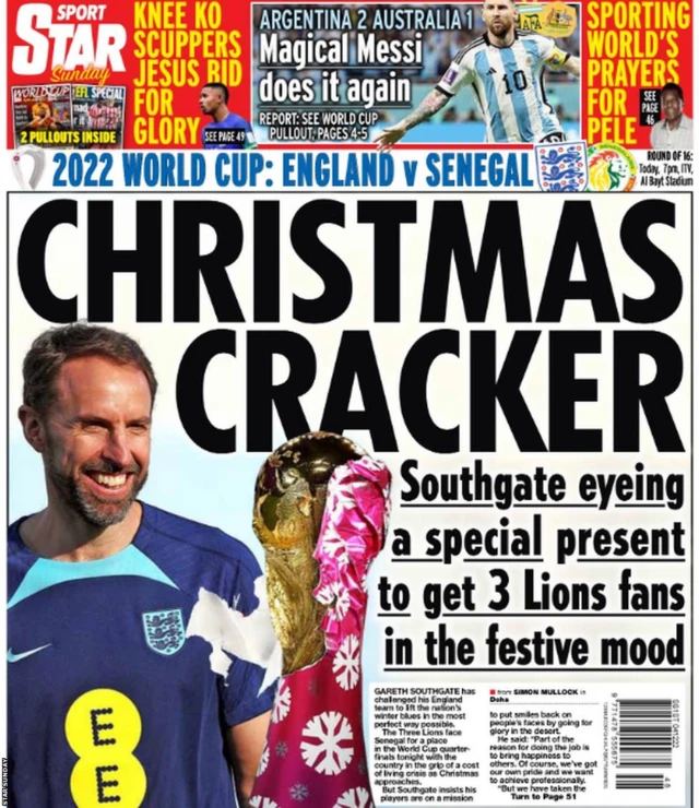 Back page of the Daily Star on Sunday on 4 December focusses on England boss Gareth Southgate wanting to a deliver a "Christmas cracker" to England fans