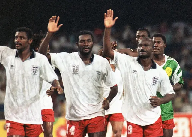 François Omam Biyick, Stephen Tataw and Roger Milla in England shirts after the Cameroon game in 1990