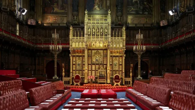 The interior of the House of Lords chamber, with no people seen inside