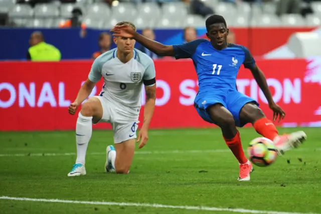 Ousmane Dembele scores for France against England.